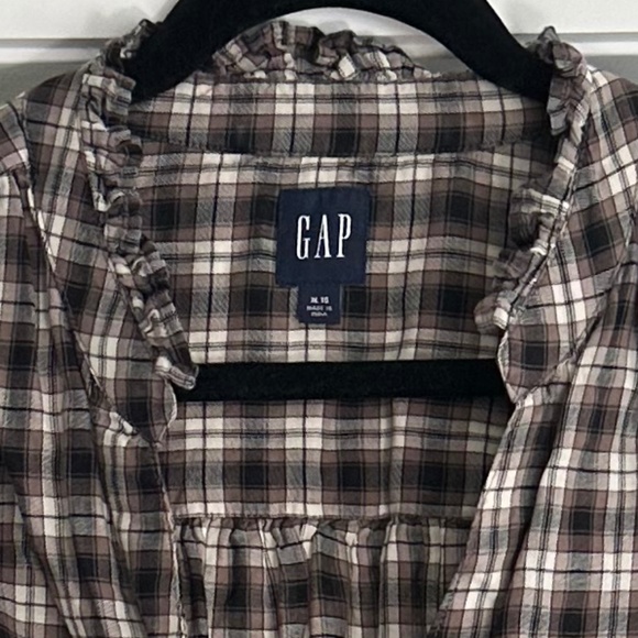 GAP Brown, Black, & Ivory/Cream Plaid Crinkle Gauze Puff Sleeve Shirt - Size XL - Picture 11 of 13